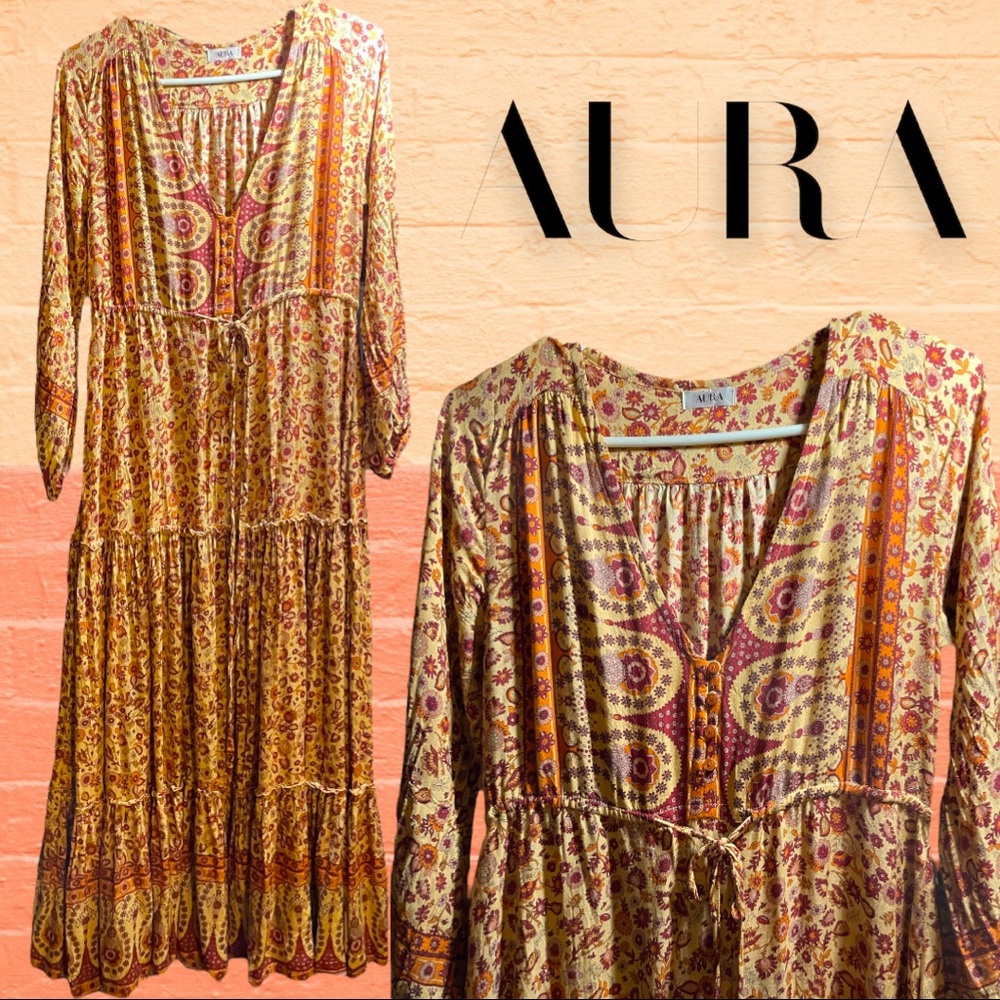 AURA | M | Amber Paisley Peasant Boho Dress EUC